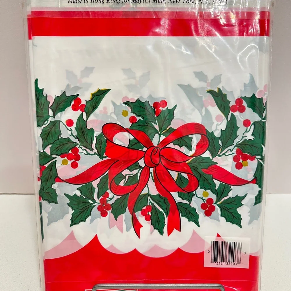 Vtg Maytex Mills Christmas Tablecloth Lot of 2 Holly Berry Red Bow Plastic 52x90